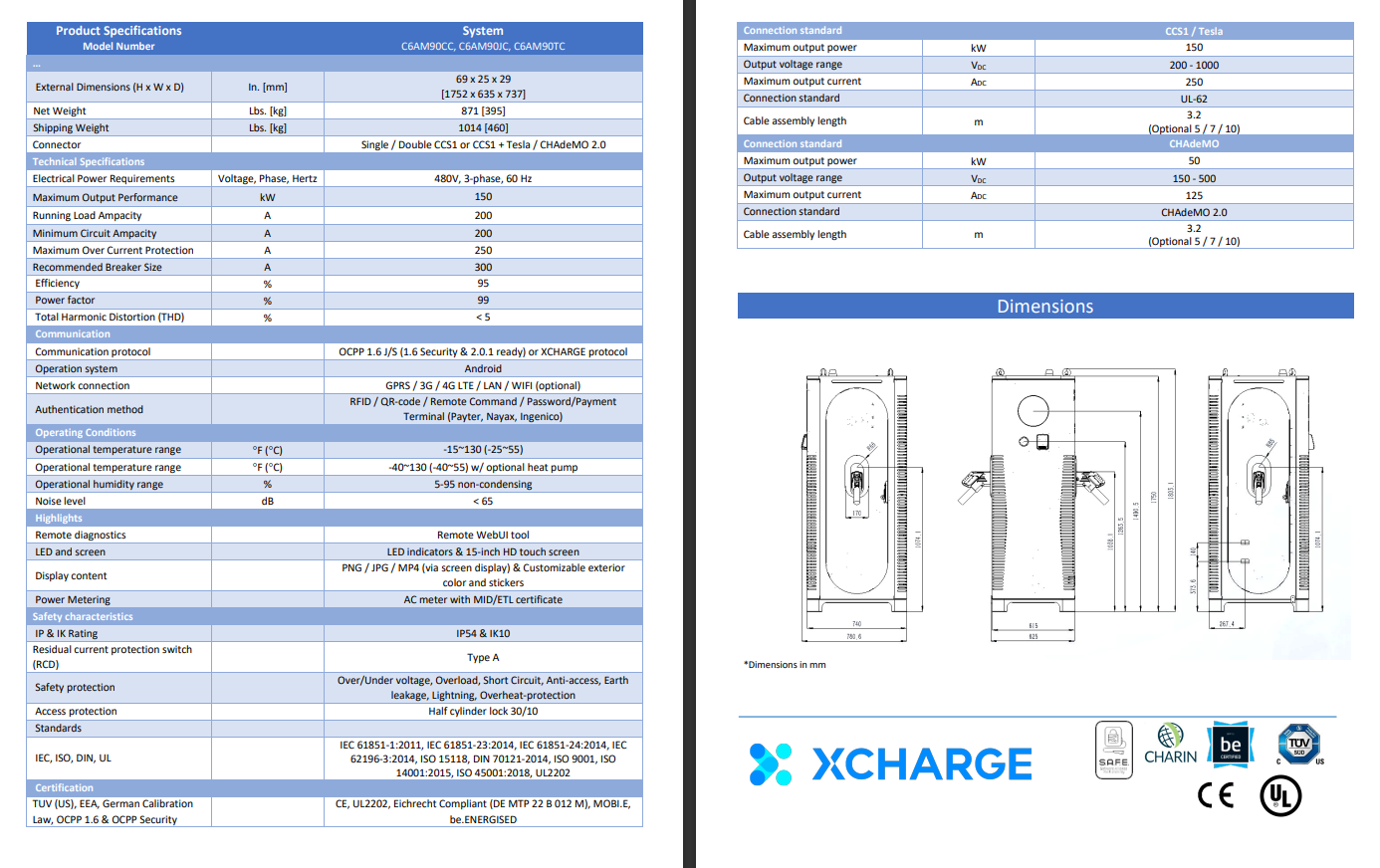 208V 3-Ph! XCharge C6, up to 125kW, or 150kW on 480V