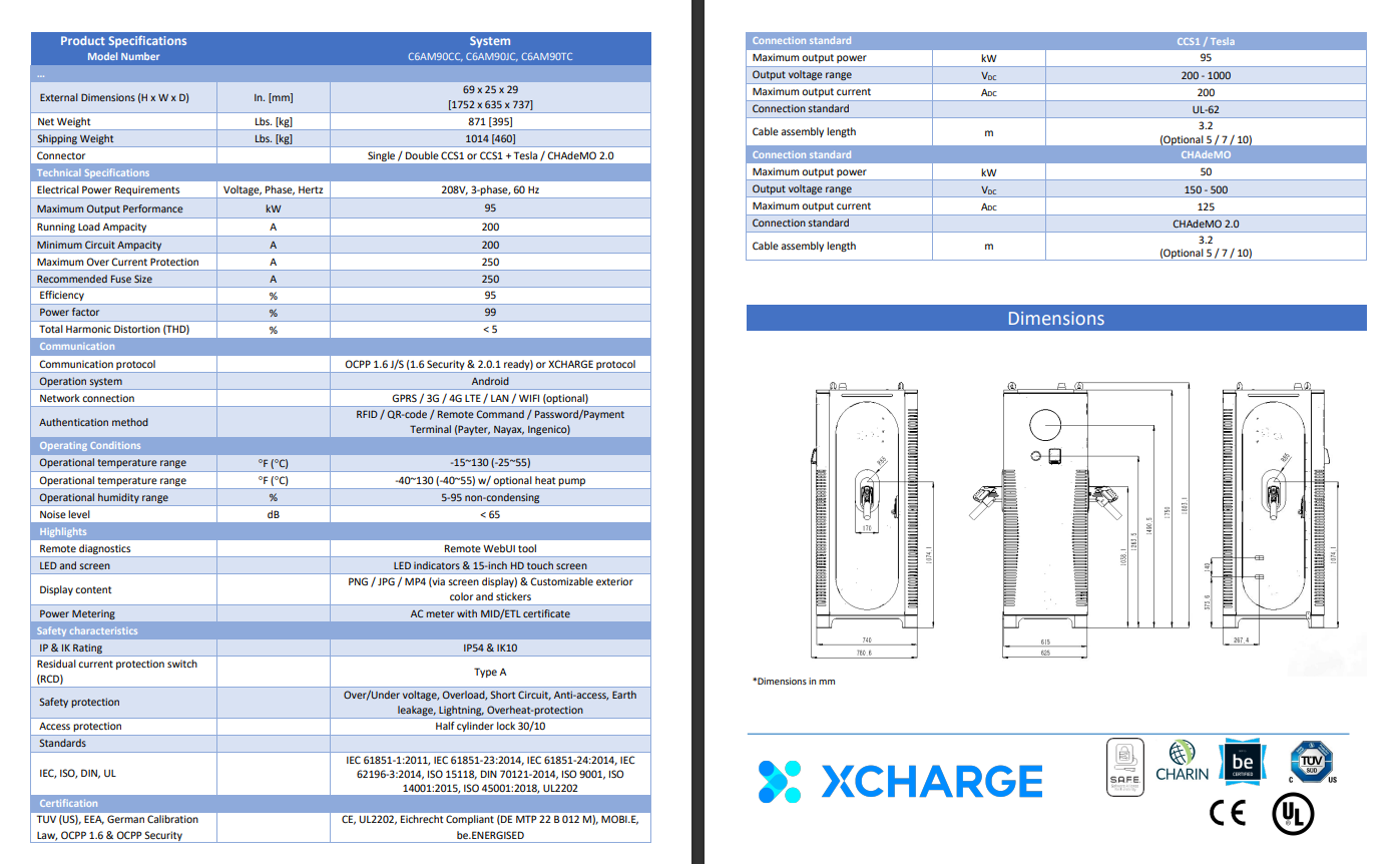 208V 3-Ph! XCharge C6, up to 125kW, or 150kW on 480V